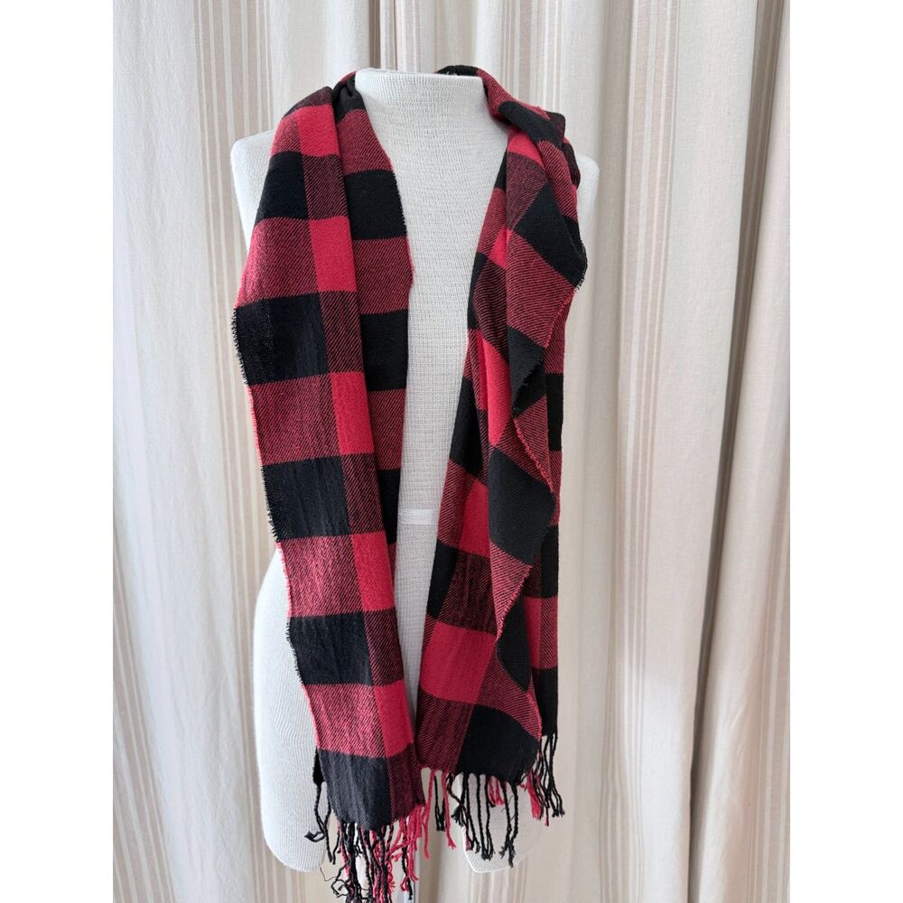 Red Black Buffalo Plaid Oversized Scarf Wrap Fringe 13x66" 150